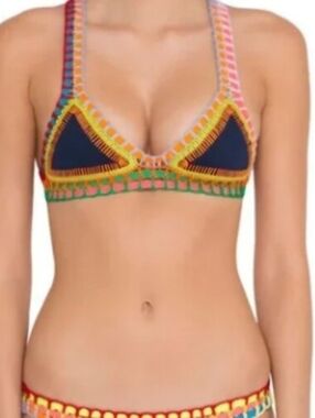Kiini Tasmin Bikini Top Navy Blue Multi Color Crochet Triangle Boho Size Medium.